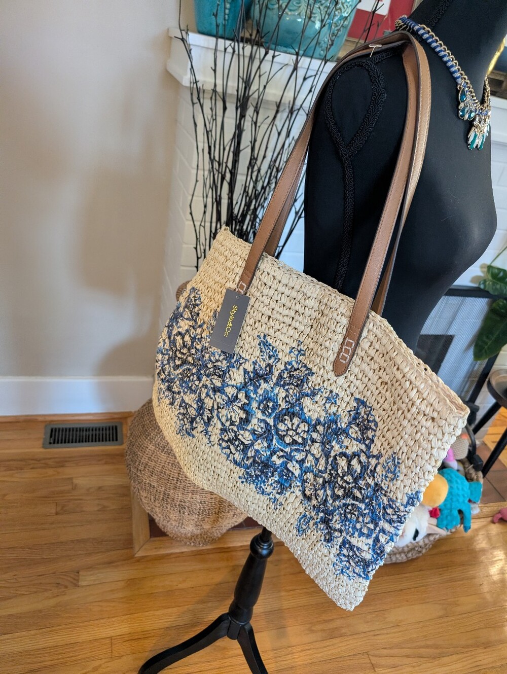 Straw Tote Bag Blue‎ Floral Beach Bag Resort Coastal Woven Shopper NWT Sky & Co